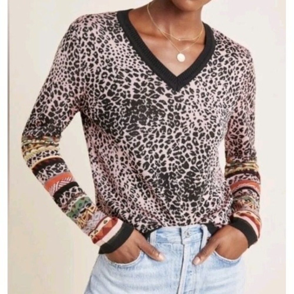 Aldomartins‎ Sweater Women's M Pink Leopard Print V Neck Boho Artsy Montage Knit